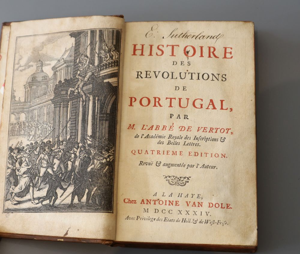 Vertot, Rene Aubert de - Histoire des Revolutions de Portugal, 4th edition, calf, 12mo, Antoine Van Dole, A La Haye, 1734;